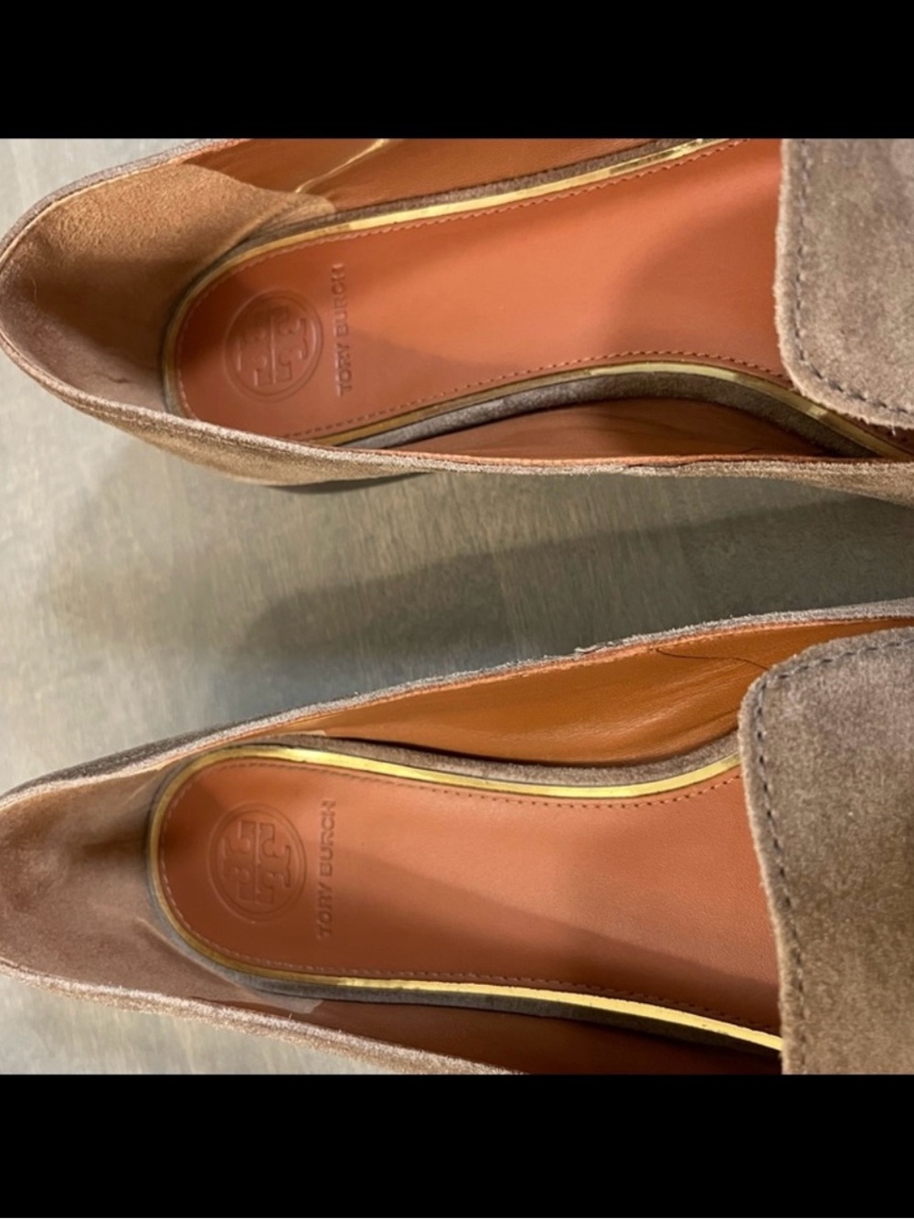 Tory Burch Taupe Suede Logo Medallion Loafers - Picture 7 of 8
